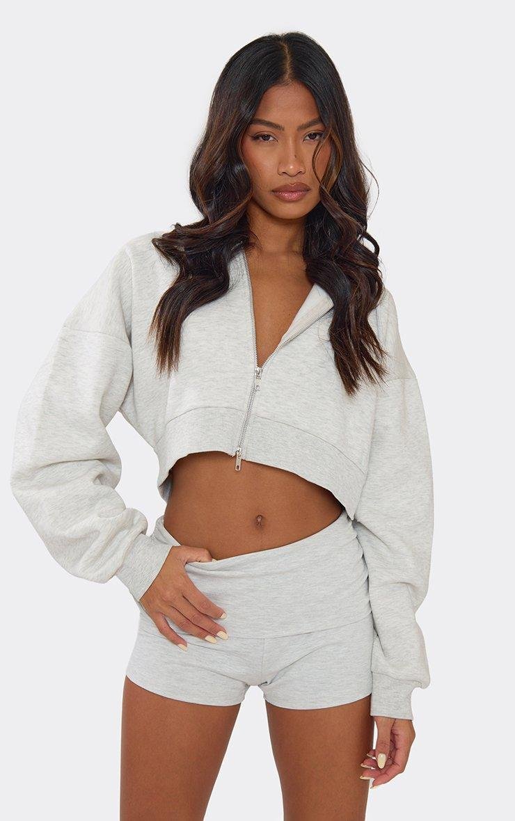EGO Long Sleeve Double Zip Cropped Boxy Hoodie In Light Grey Marl, Women's Size UK 6 - 2