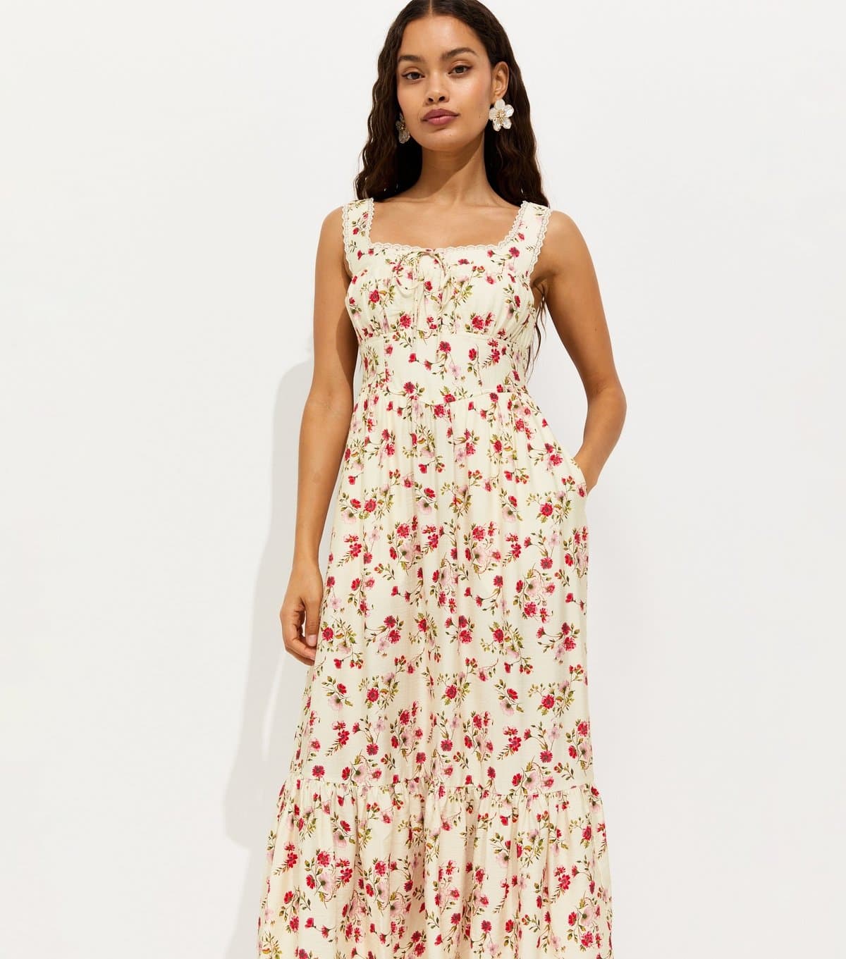 New Look Women's Petite Cream Ditsy Floral Corset Tiered Midi Dress New Look