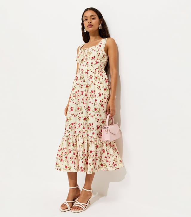 New Look Women's Petite Cream Ditsy Floral Corset Tiered Midi Dress New Look - 3