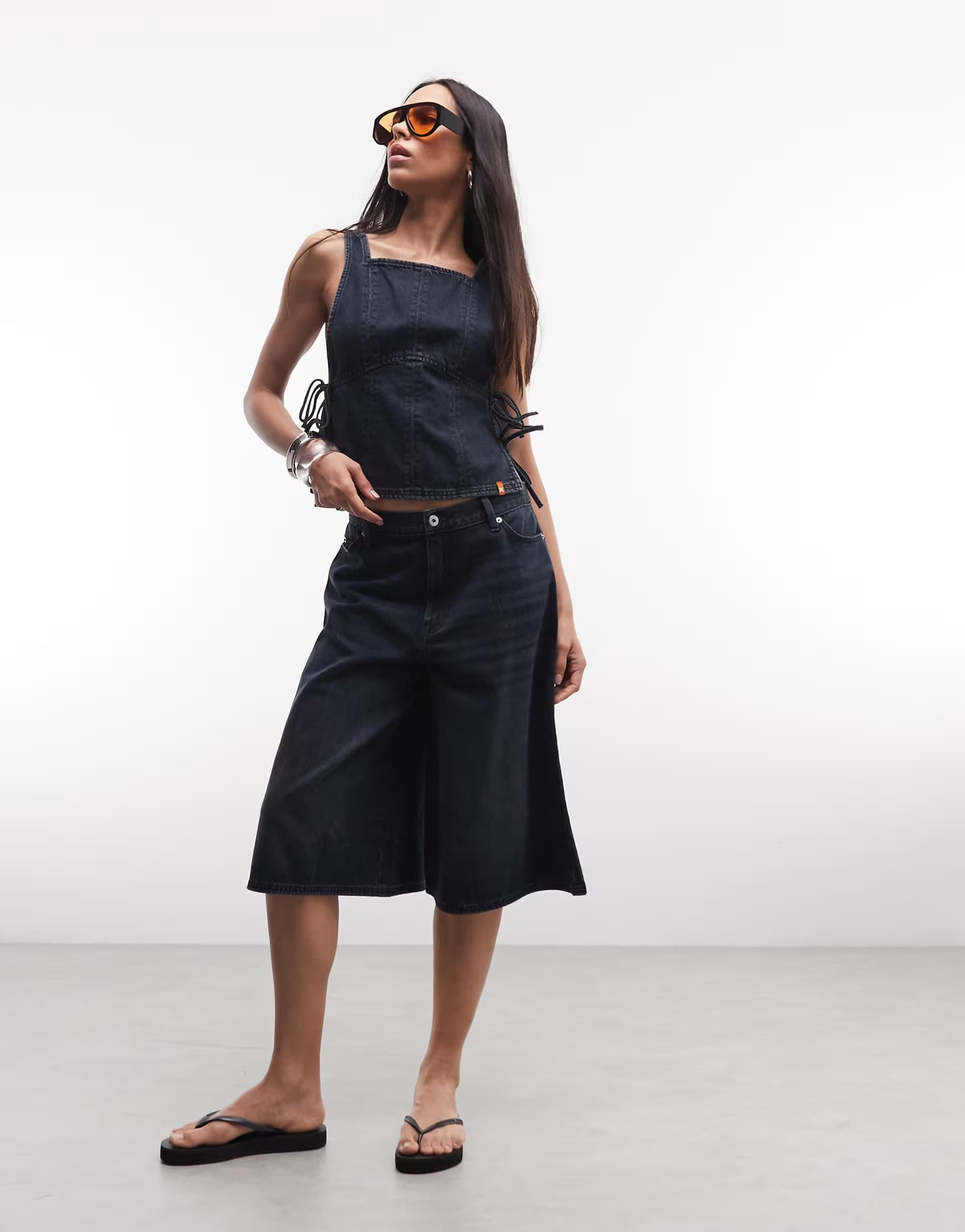 ASOS COLLUSION denim tie side top & baggy culottes co-ord in grunge dark blue wash