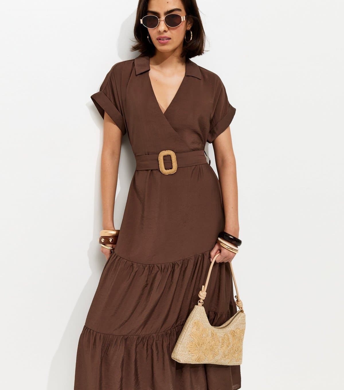 New Look Women's Dark Brown Tiered Belted Midi Dress New Look