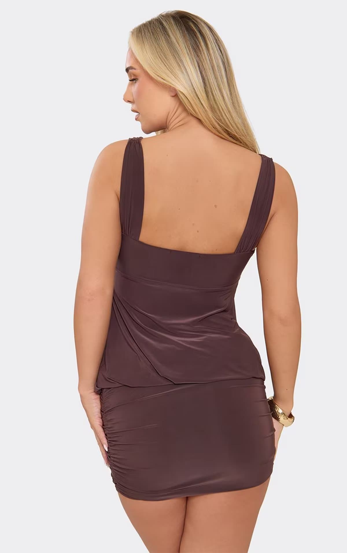 EGO Strappy Ruched Bust Blouson Mini Dress In Chocolate Brown Slinky, Women's Size UK 6