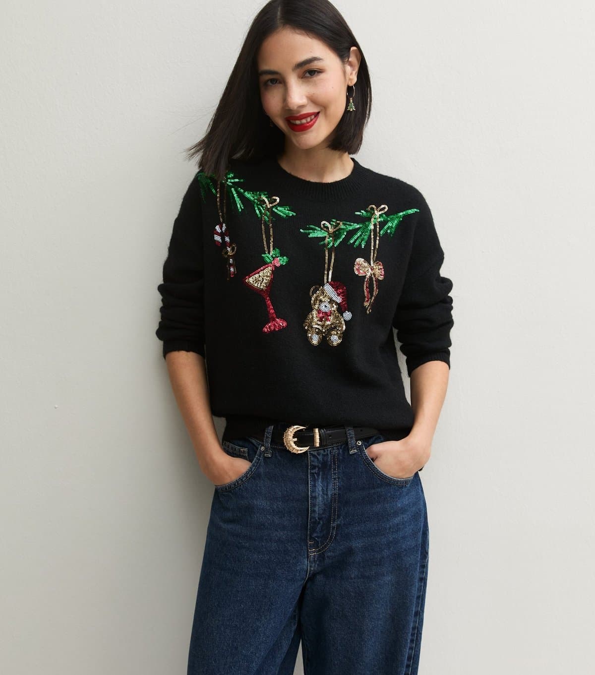 New Look Women's Black Xmas Sequin Bauble Crew Neck Jumper New Look
