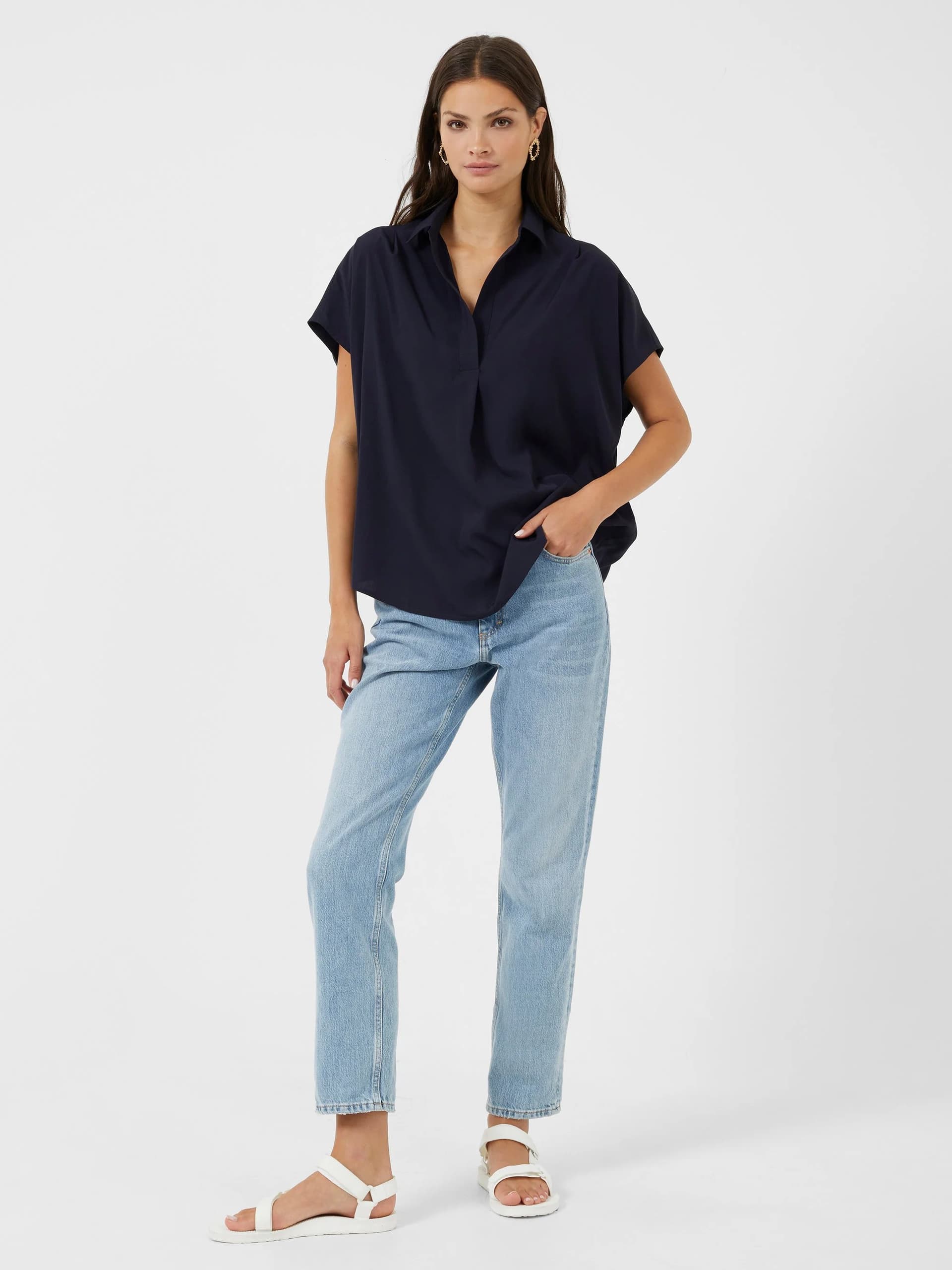 French Connection Crepe Light Recycled Popover Shirt Utility Blue