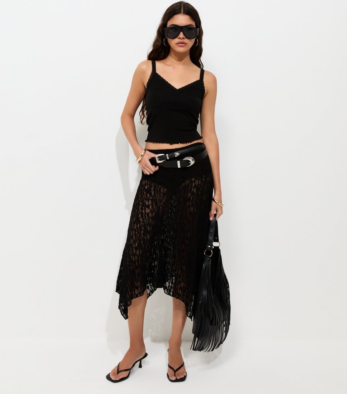 New Look Women's Black Sheer Lace Hanky Hem Midi Skirt New Look
