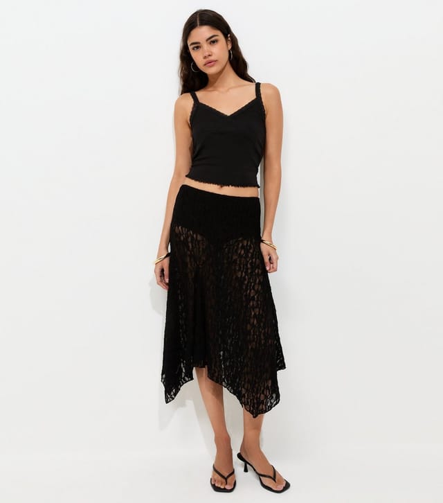 New Look Women's Black Sheer Lace Hanky Hem Midi Skirt New Look - 2