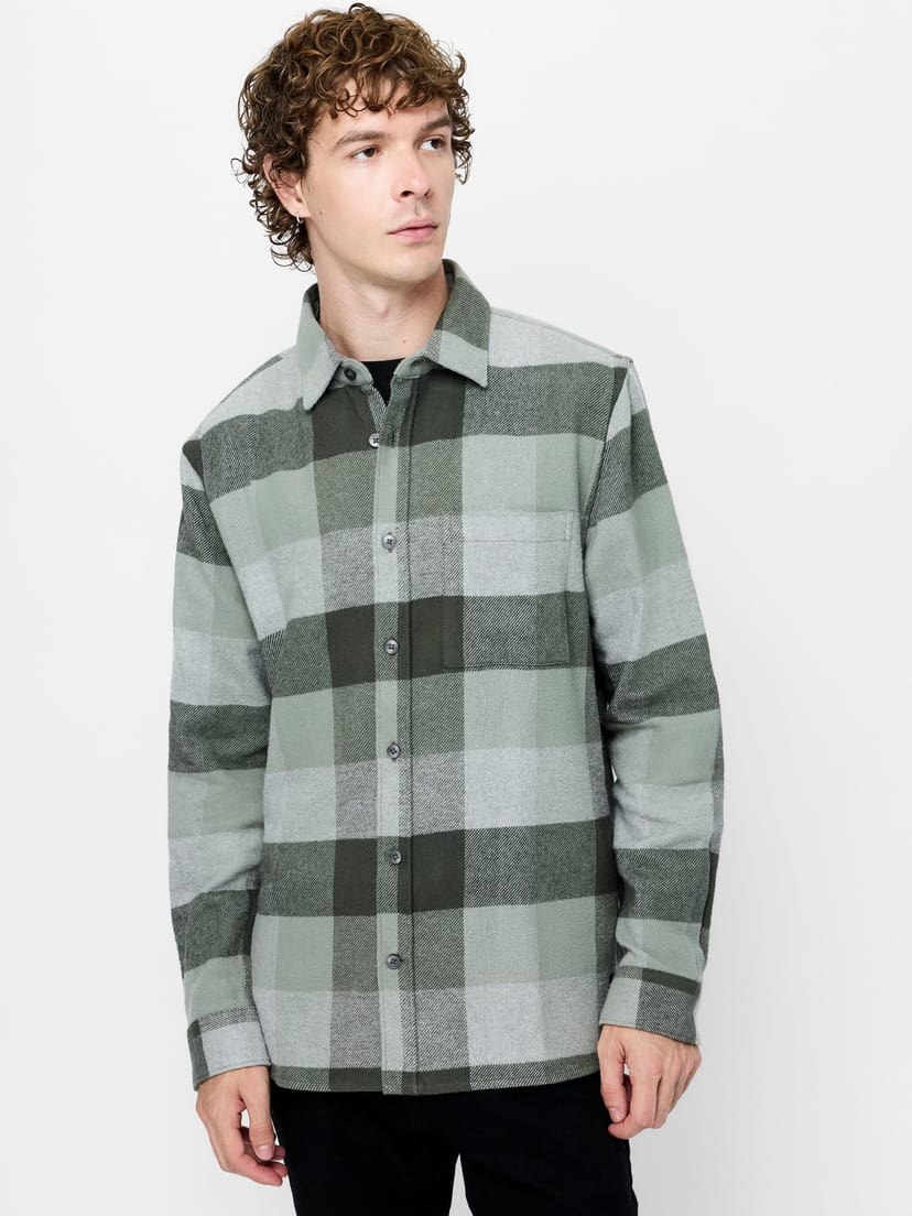French Connection Green Large Check Flannel Overshirt Beetle Green/Dusty Sage/Light Grey Mel - 1