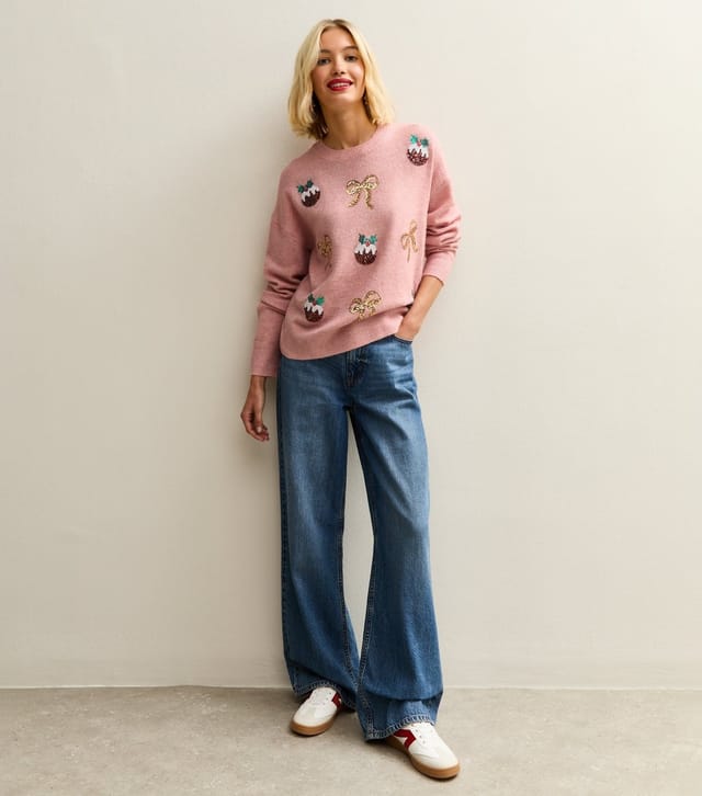 New Look Women's Pink Sequin Bow and Pudding Christmas Jumper New Look - 2