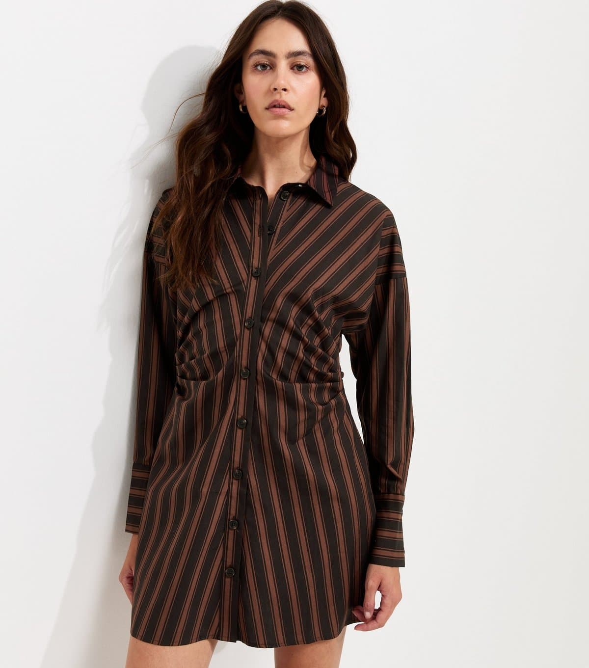 New Look Women's Brown Cotton Striped Mini Shirt Dress New Look
