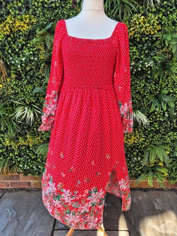 Simply Be Simply be red polka dot floral balloon sleeve shirred midi dress size 14