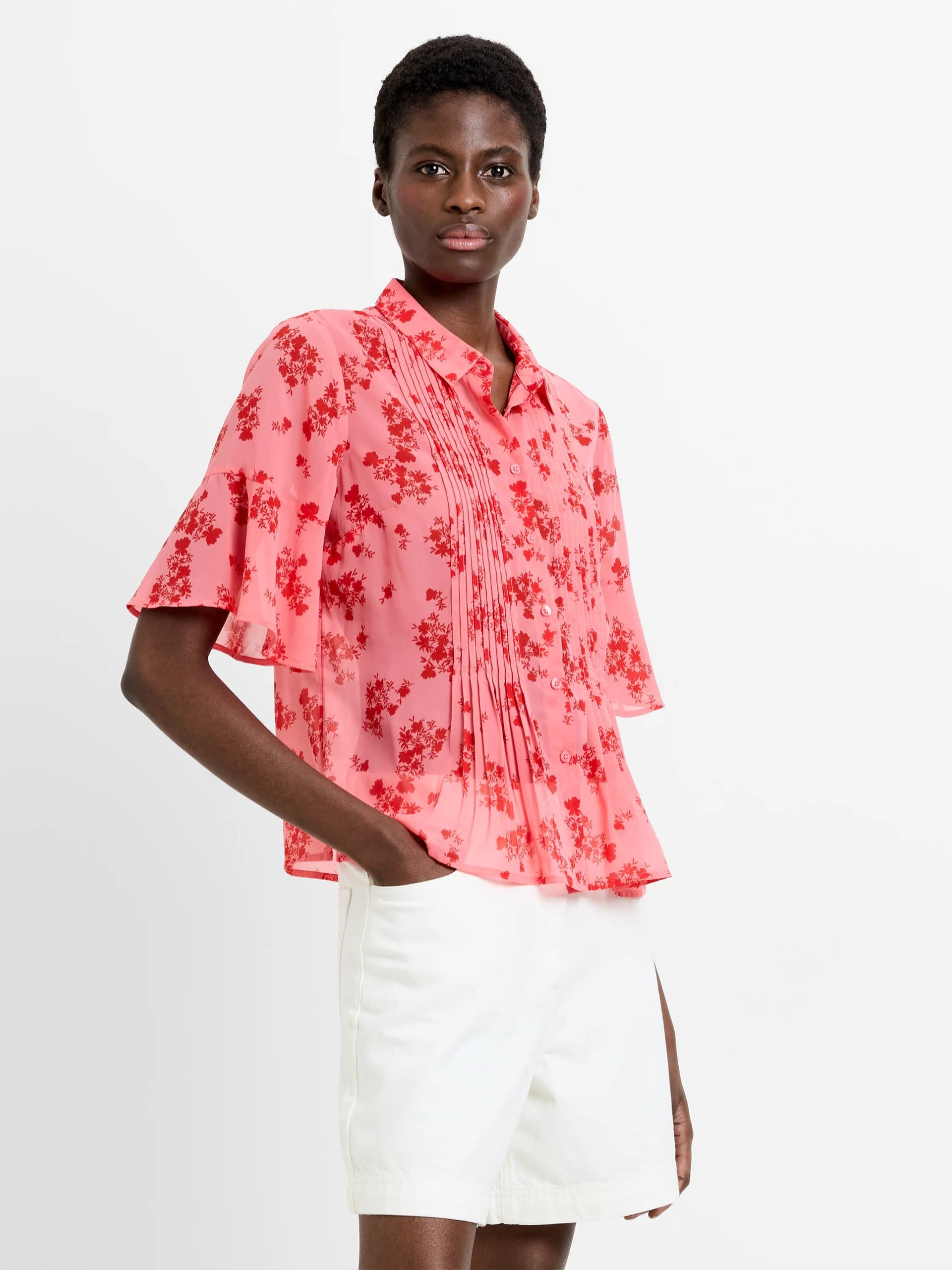 French Connection Raquel Floral Pintuck Shirt Raspberry Pink/Red