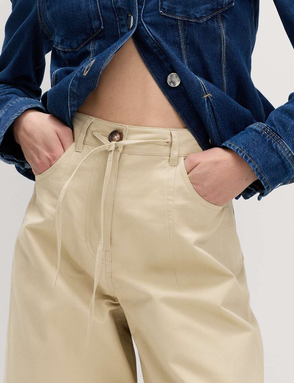 Marks & Spencer M&S Cotton Rich Tie Hem Barrel Leg Trousers Sandstone - 3