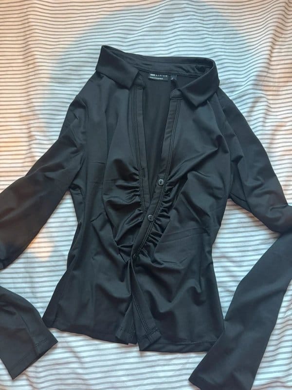 ASOS Black Satin Ruched Fitted Long Sleeve Jacket