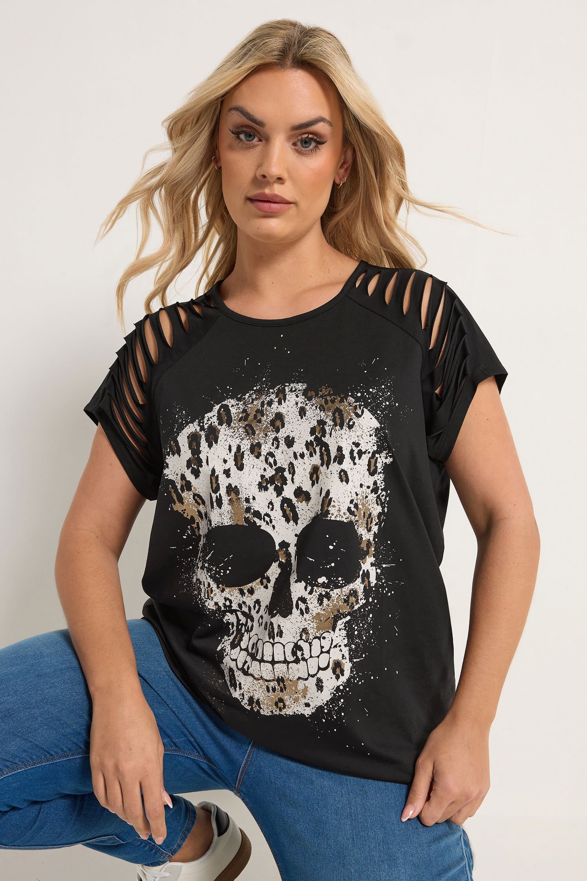 Yours Plus Size Black Skull Print Laser Cut Tshirt