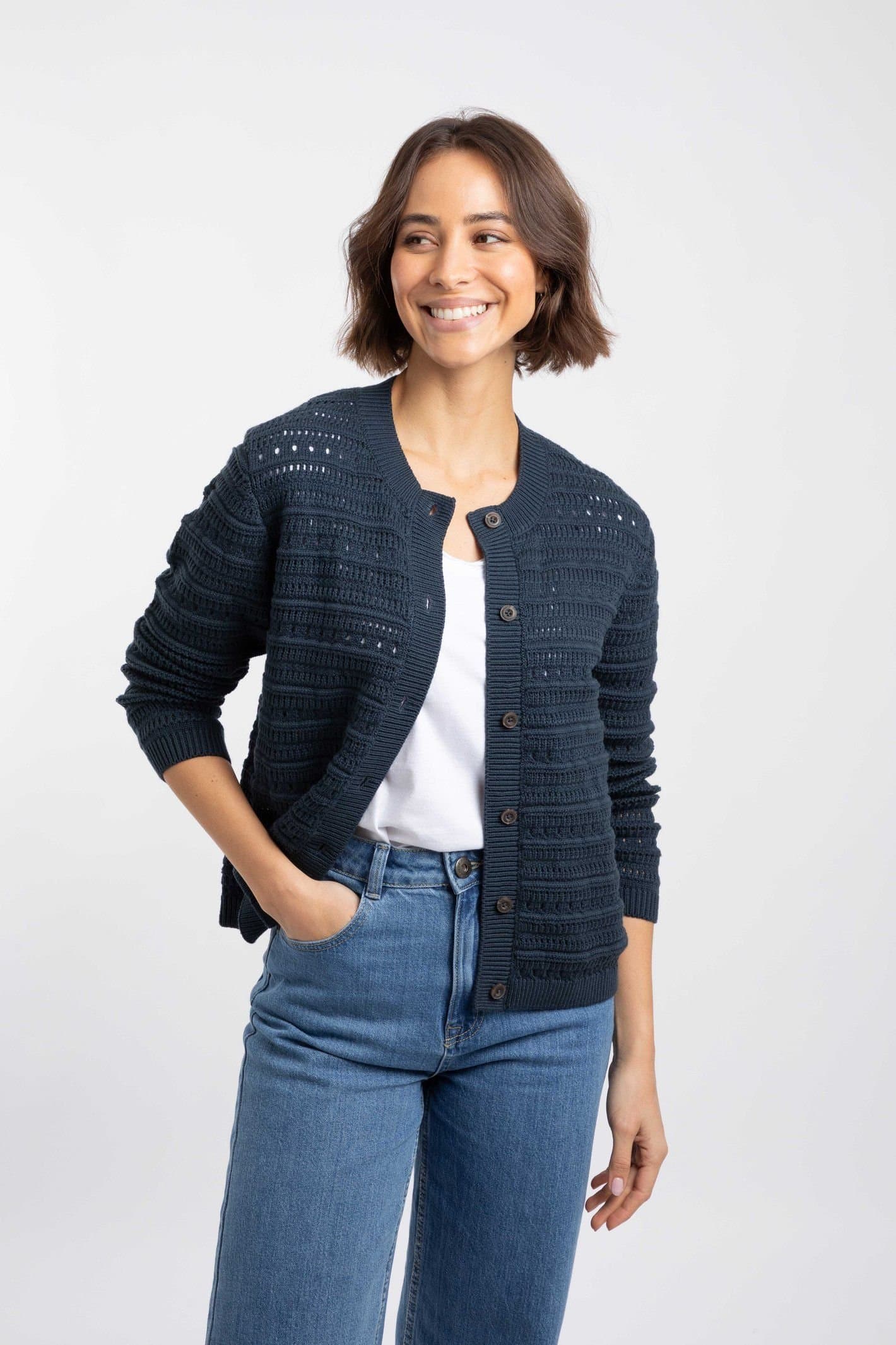 Weird Fish Weird Fish Women's Avelina Pointelle Cardigan in Navy