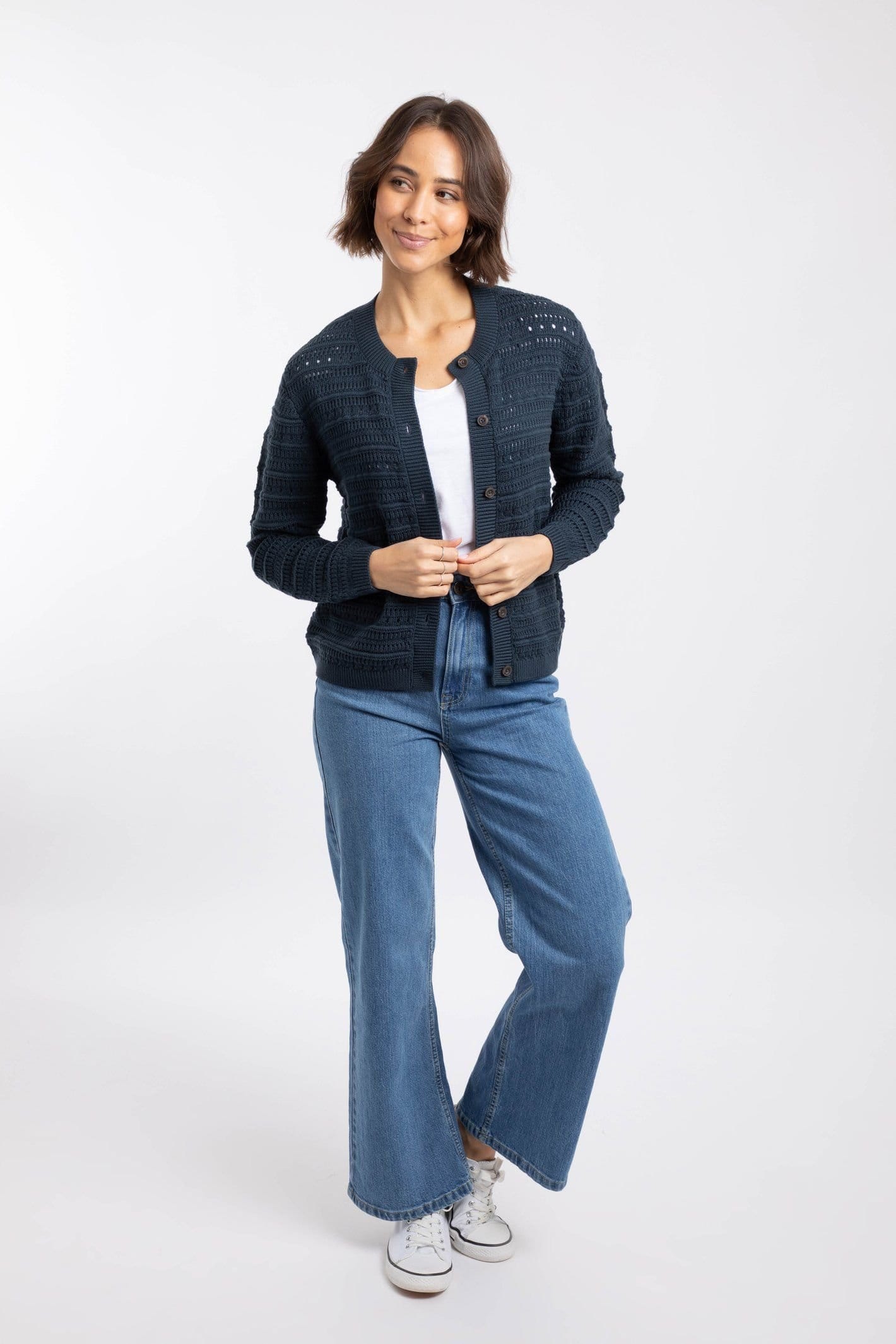 Weird Fish Weird Fish Women's Avelina Pointelle Cardigan in Navy - 4