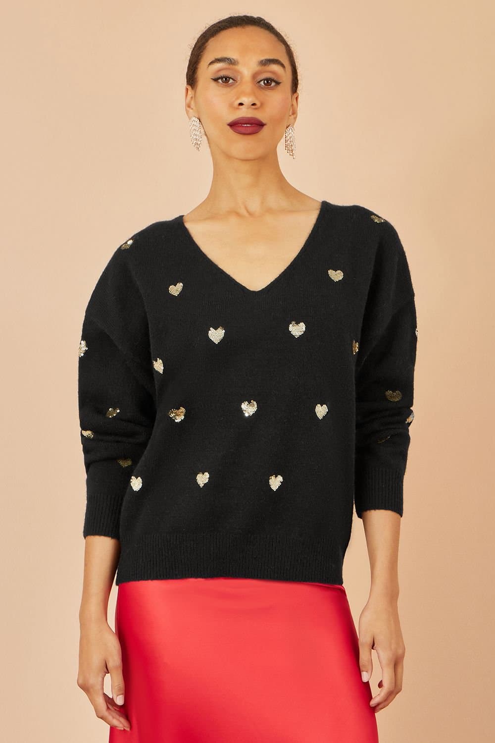Yumi Yumi Women's Black Sequin Heart V Neck Jumper
