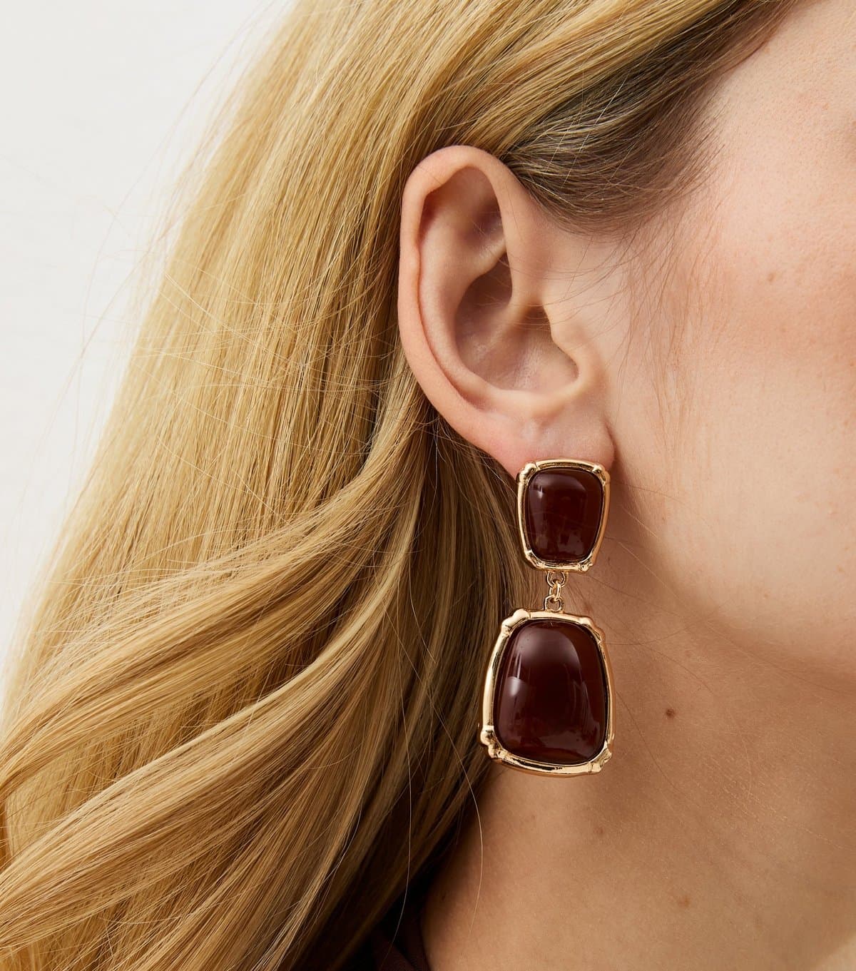 New Look Gold Tone Brown Enamel Square Drop Earrings New Look