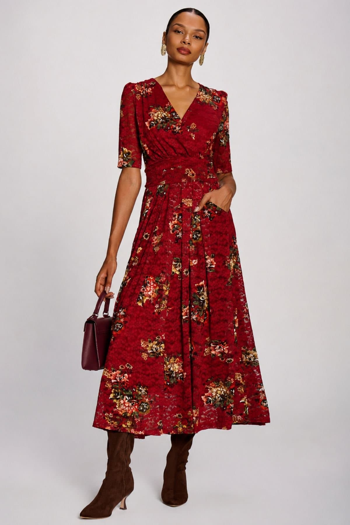 Jolie Moi Jolie Moi Women's Half Sleeve Print Lace Maxi Dress in Red