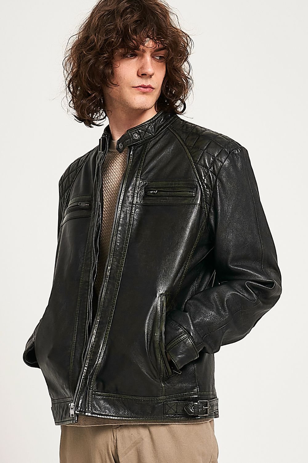 Barneys Originals Barneys Originals Men's Quilted Shoulder Leather Jacket in Black - 2