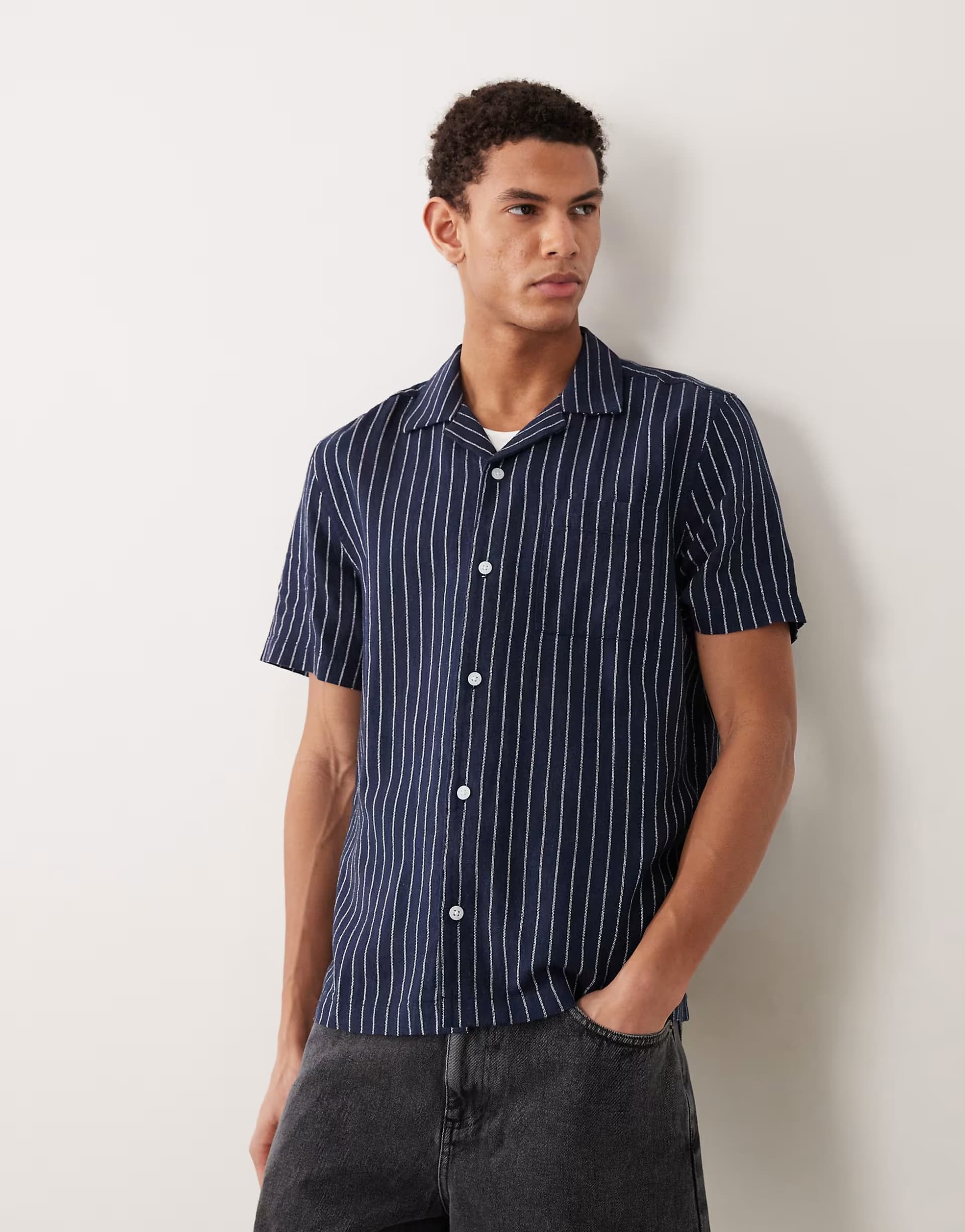 ASOS ASOS Navy Linen Blend Stripe Shirt