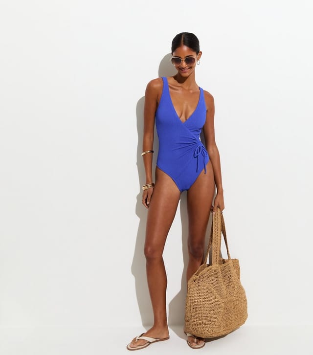 New Look Women's Blue Tummy Control Textured Wrap Swimsuit New Look - 3