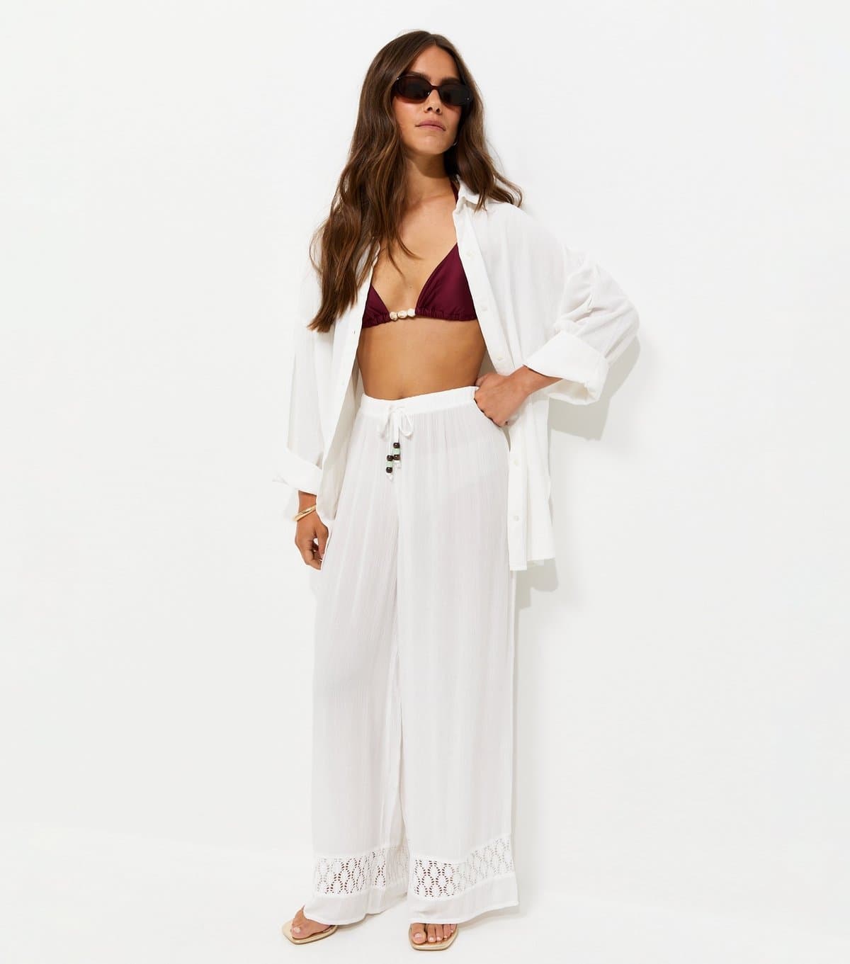 New Look Women's Petite White Crochet Trim Wide Leg Beach Trousers New Look