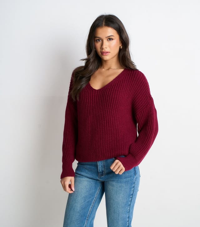 Gini London Women's Burgundy Knit Oversized Jumper Gini London New Look - 2