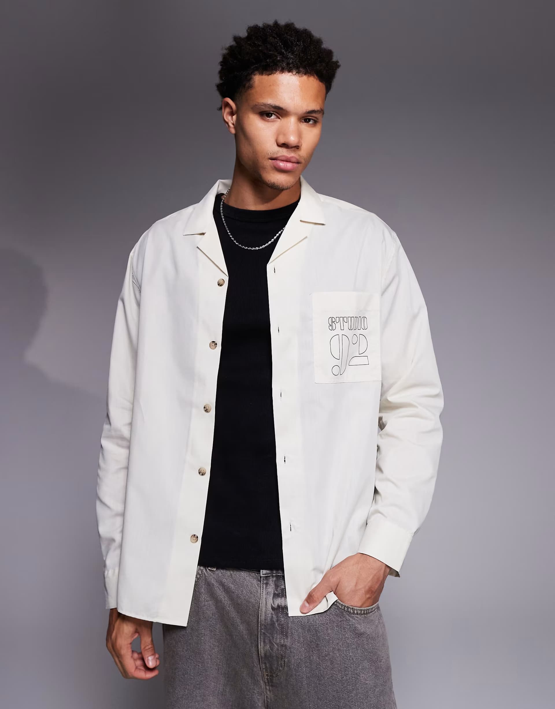 ASOS ASOS DESIGN relaxed revere shirt with back and pocket embroidery in beige