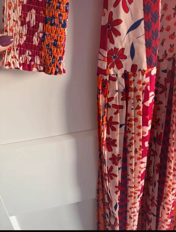 Never Fully Dressed Burgundy Orange Floral Pleated Dress