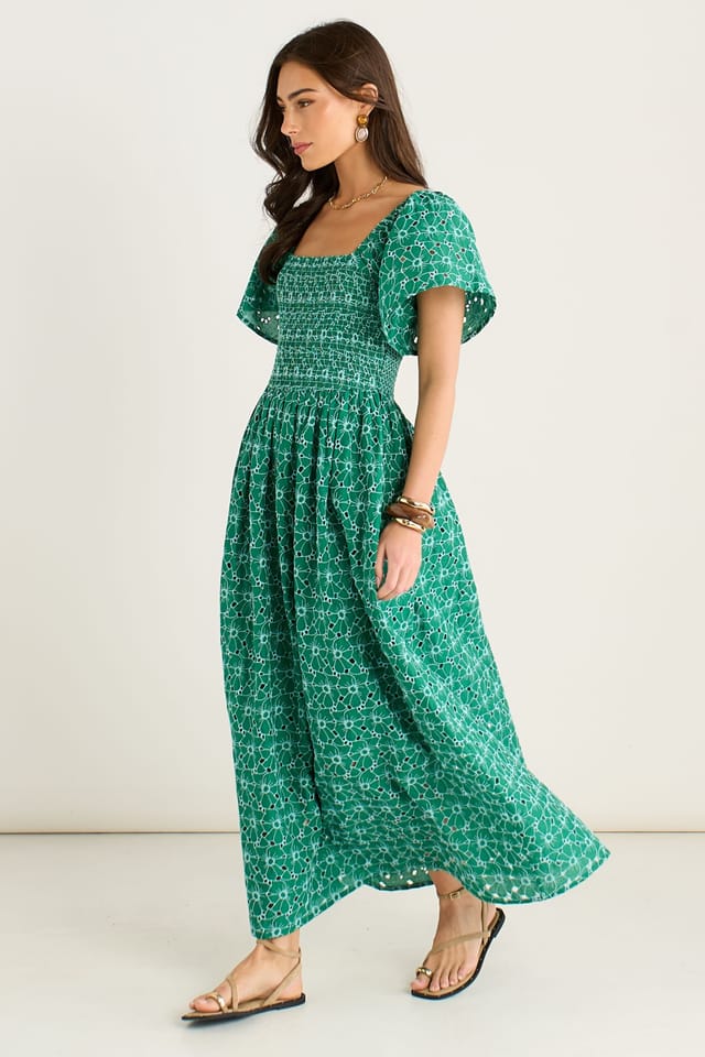 Gini London Gini London Women's Green Floral Broderie Shirred Midi Dress - 3