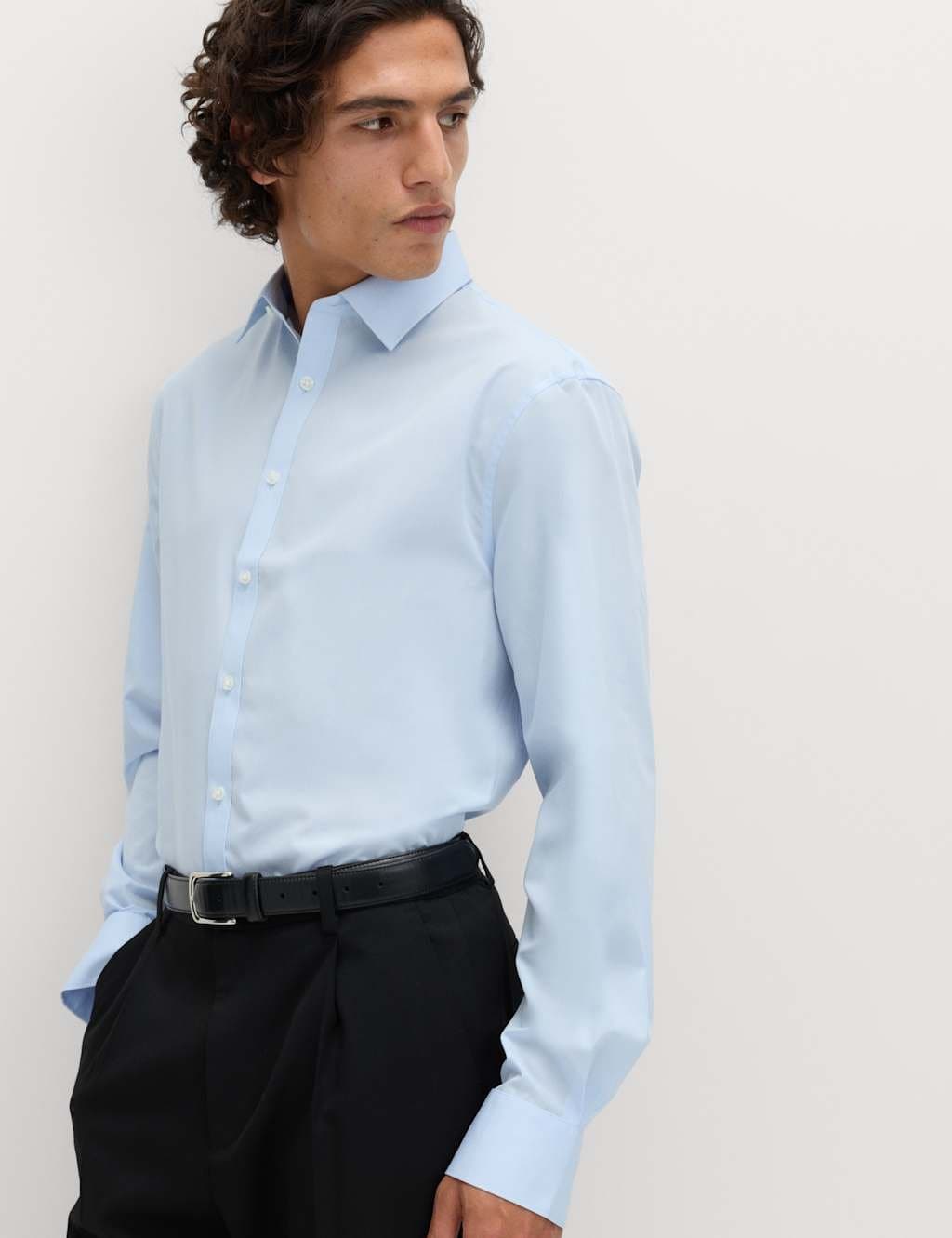 Marks & Spencer M&S Regular Fit Easy Iron Cotton Blend Shirt Light Blue