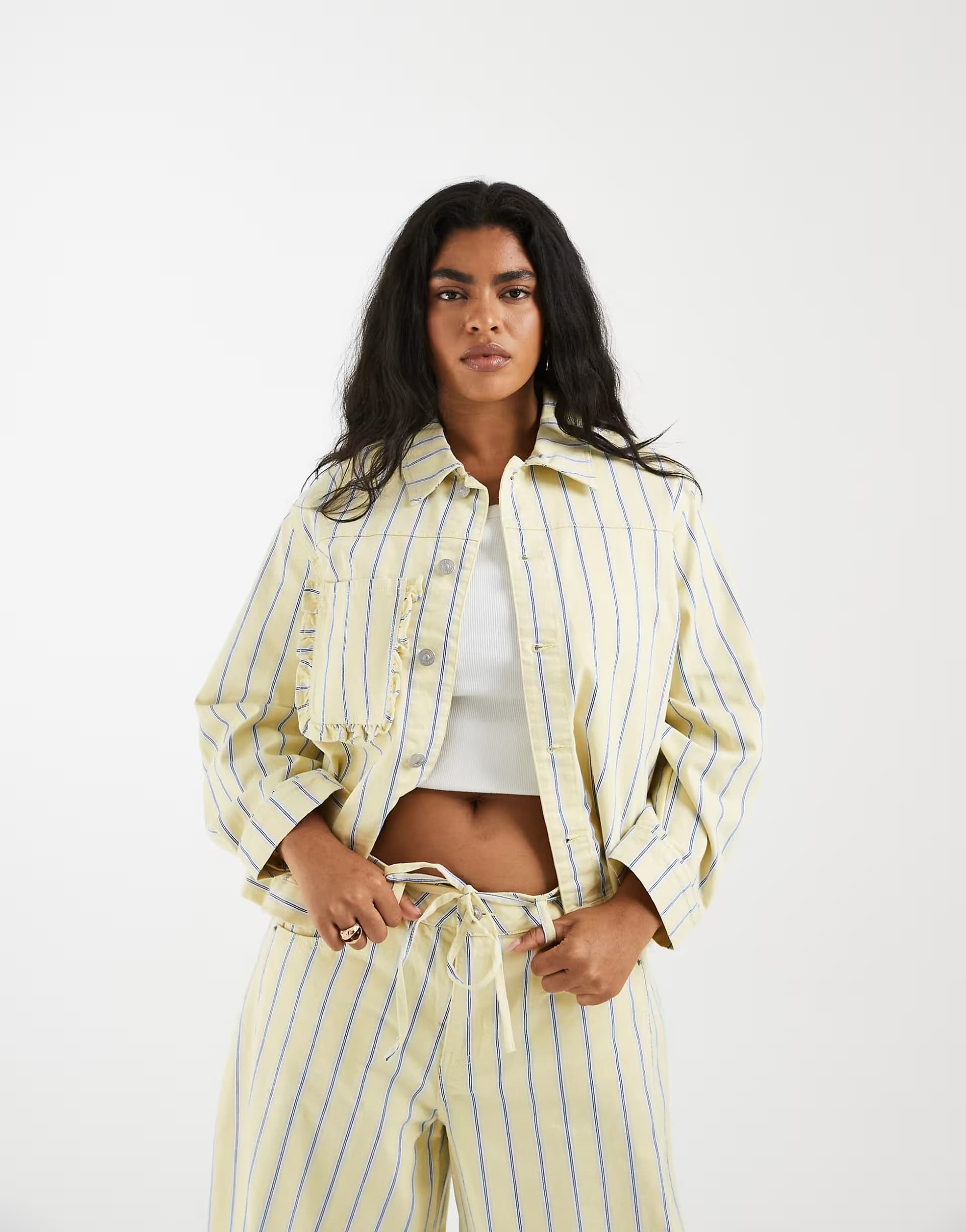ASOS Pieces Curve denim jacket co-ord in yellow and blue stripe