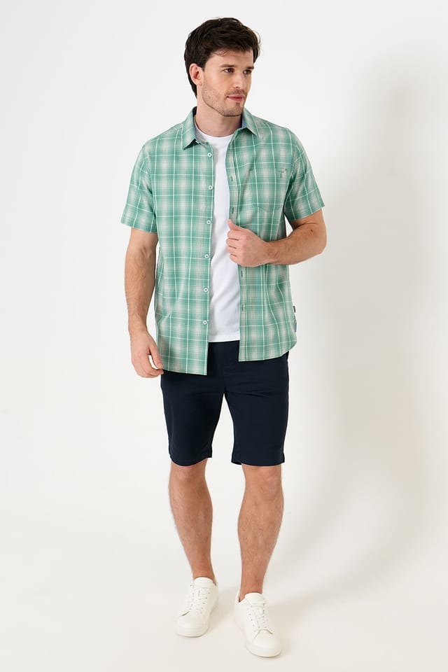 Saltwell Saltwell Men's Textured Check Cotton Short Sleeve Shirt in Green - 3
