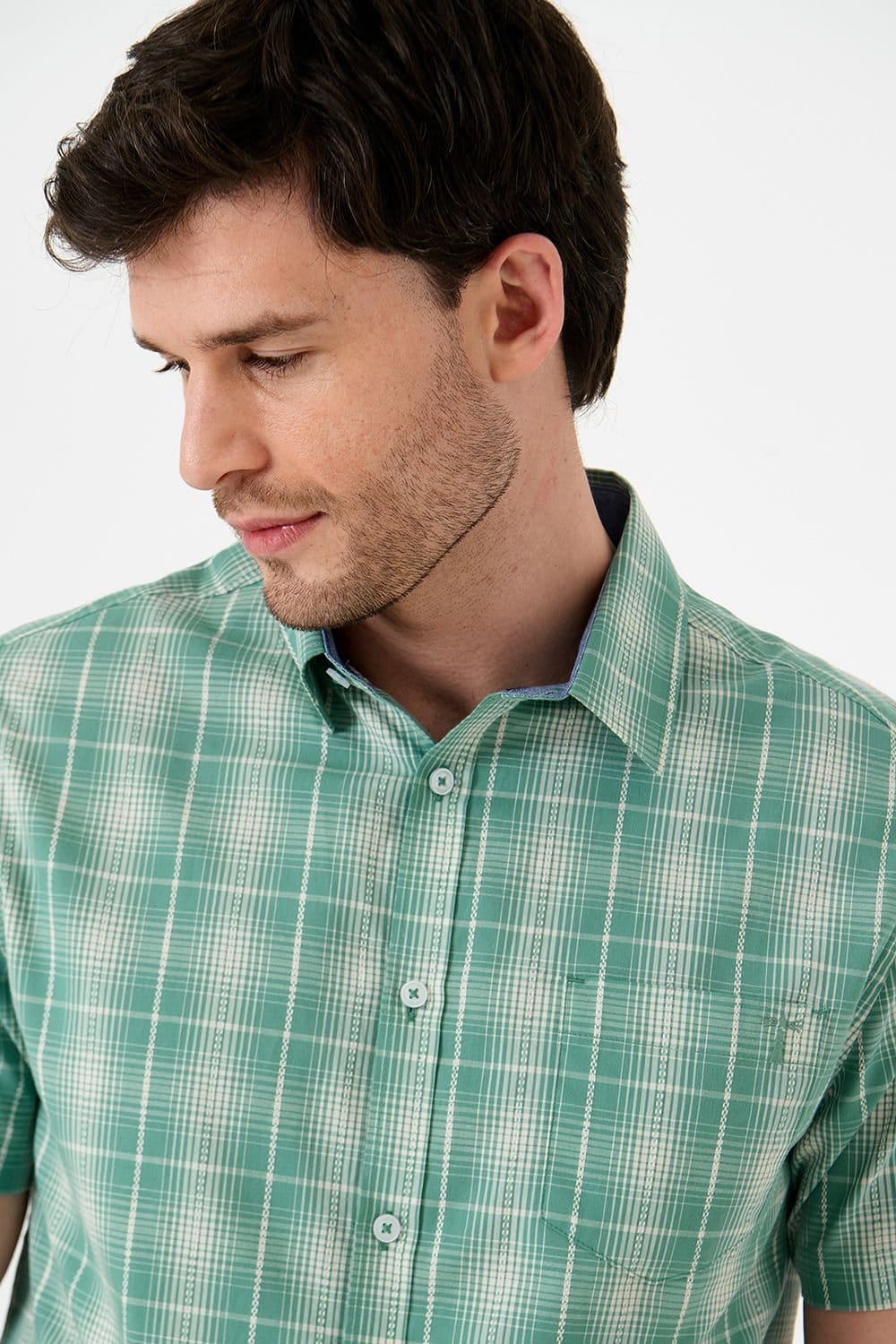 Saltwell Saltwell Men's Textured Check Cotton Short Sleeve Shirt in Green - 4