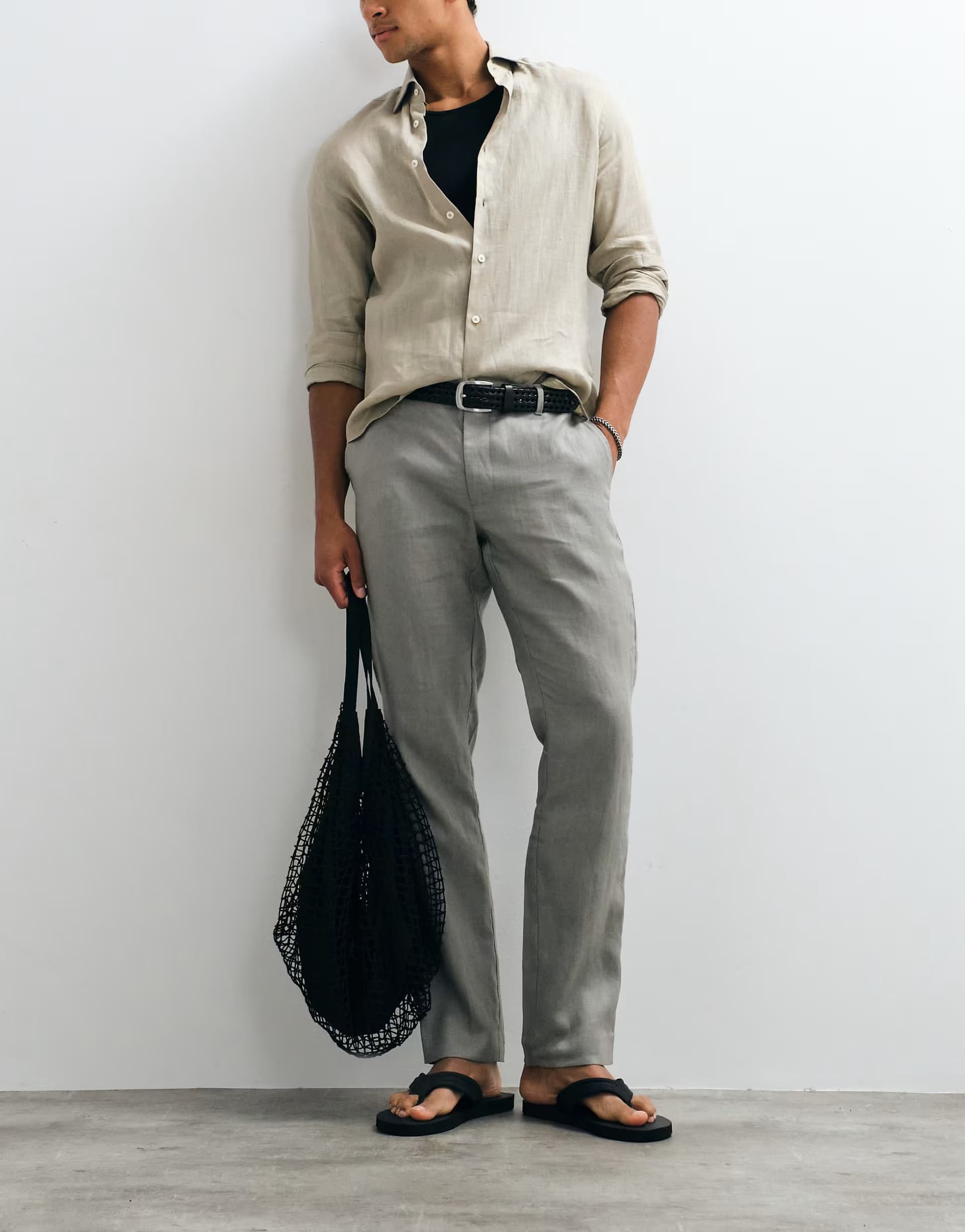 ASOS Mango 100% Linen Tapered Trousers in Stone Grey