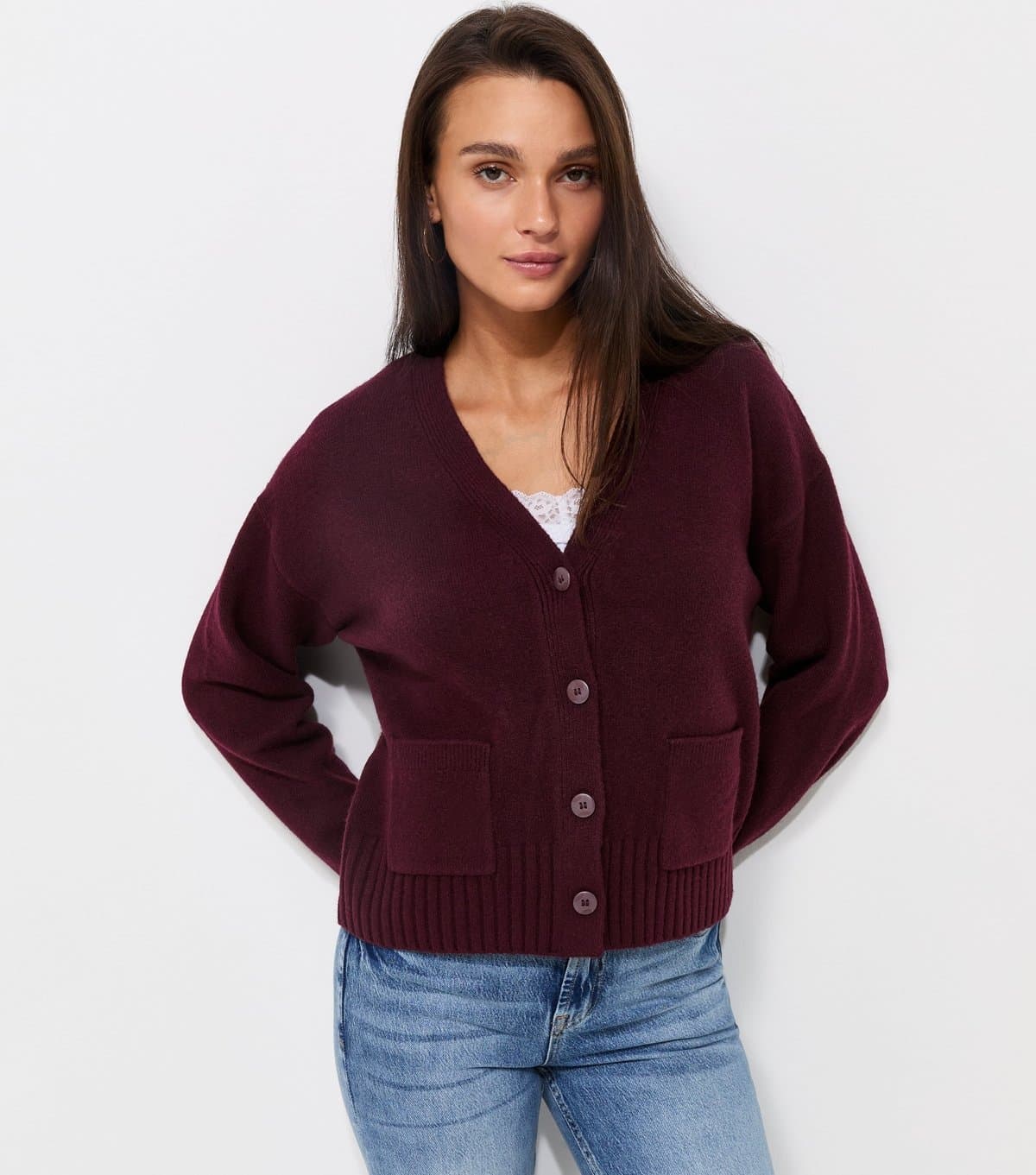 New Look New Look Dark Burgundy Knitted Meet The Jean Pocket Cardigan