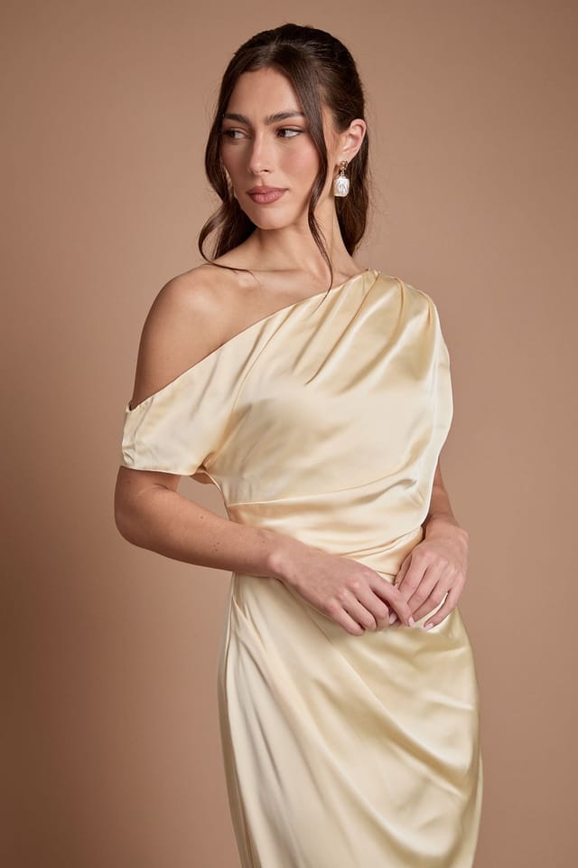 Coast Coast Women's Satin Ruched Detail Off-The Shoulder Maxi Bridesmaid Dress in Lemon - 2