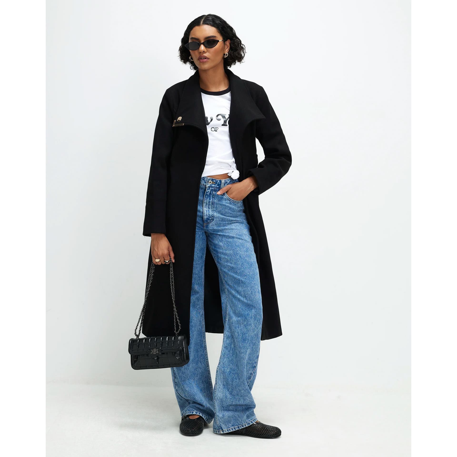 River Island River Island Womens Black Belted Longline Robe Coat