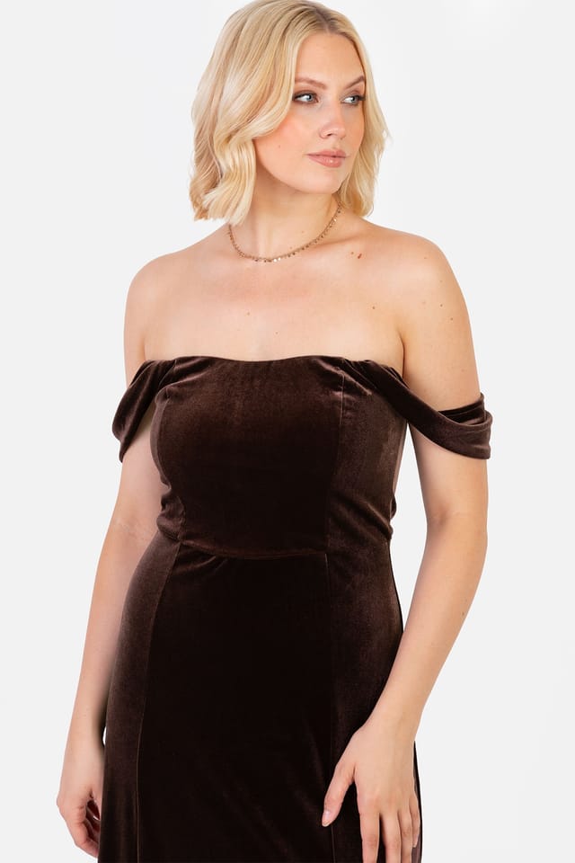 Maya Deluxe Maya Deluxe Women's Velvet Bardot Dress in Brown - 2
