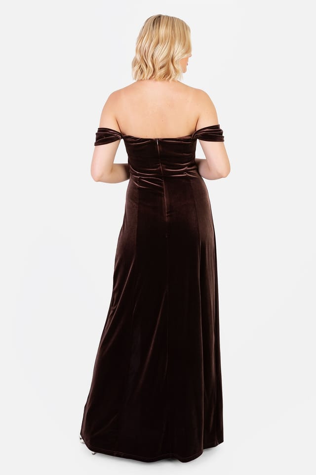 Maya Deluxe Maya Deluxe Women's Velvet Bardot Dress in Brown - 3
