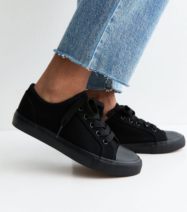 New Look Women's Black Cotton Canvas Lace Up Trainers Vegan New Look - 2