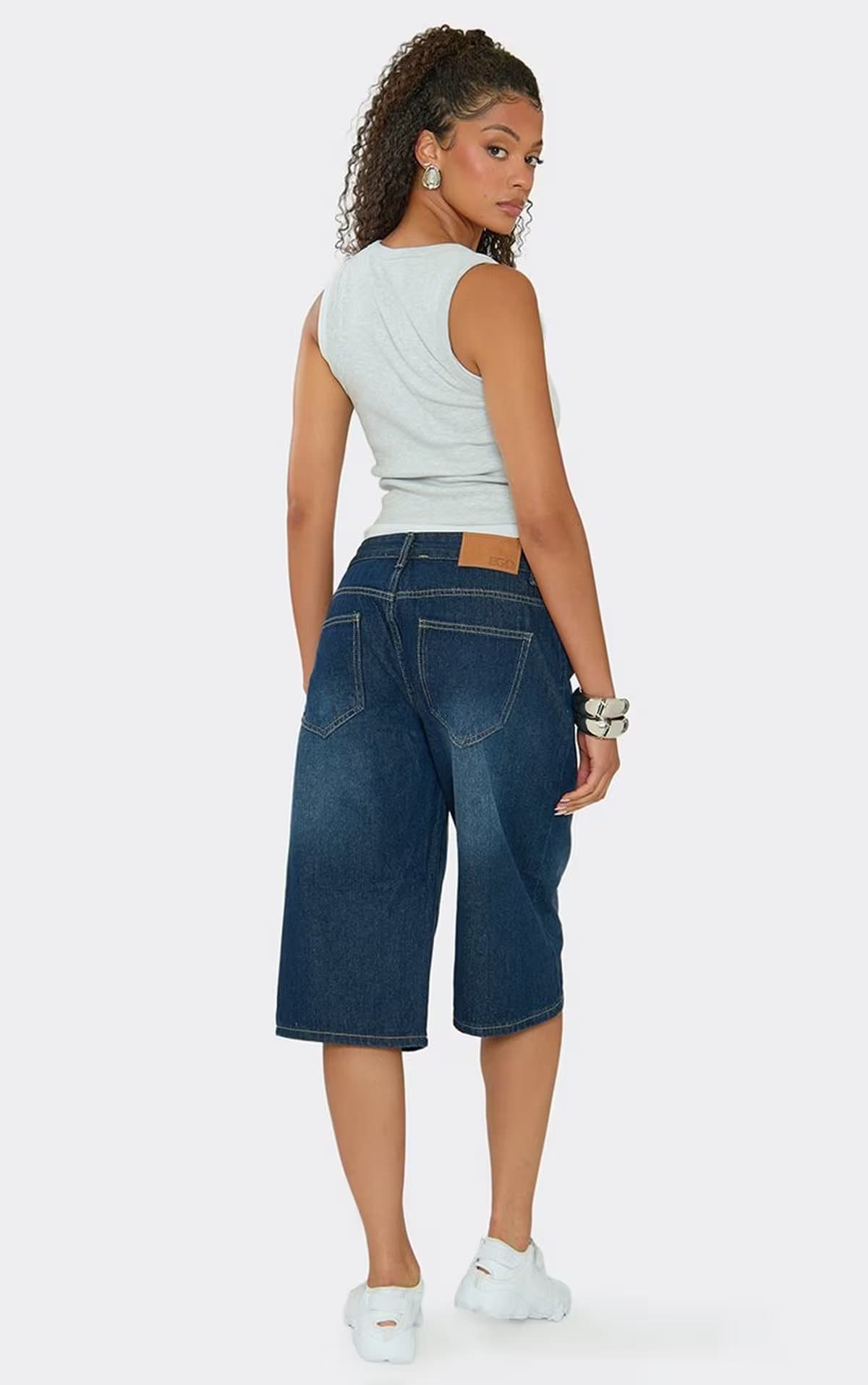 EGO Low Waist Wide Leg Jorts In Indigo Blue Denim, Women's Size UK 6