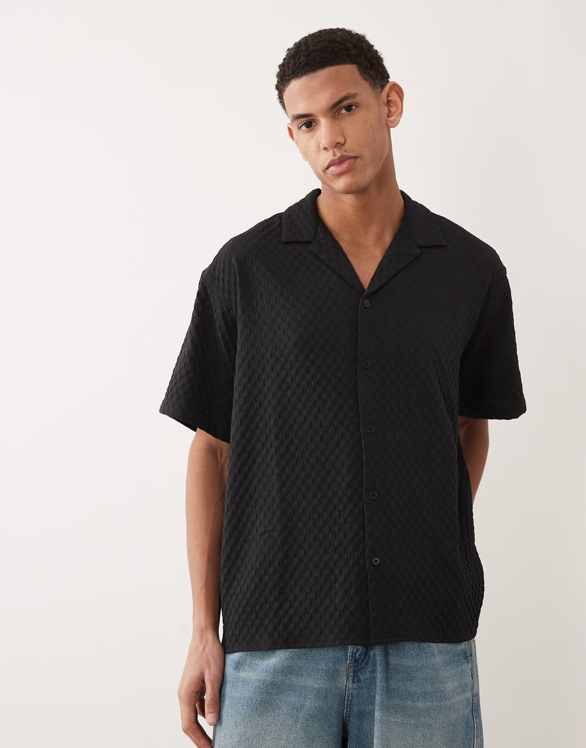 ASOS Jack & Jones textured resort shirt in black