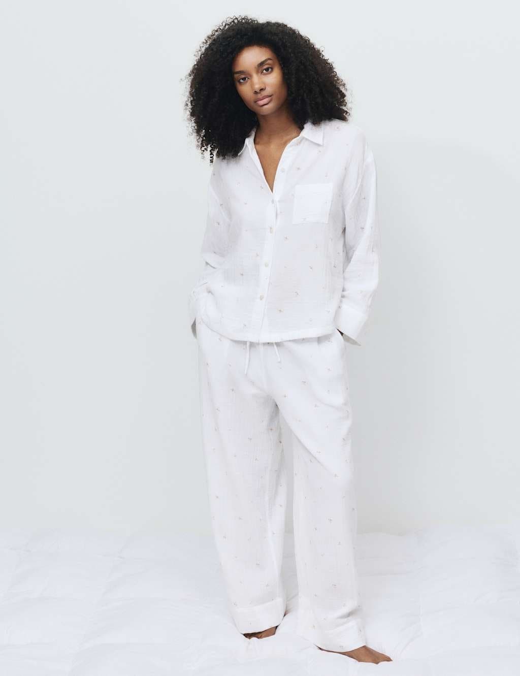 Marks & Spencer M&S Pure Cotton Muslin Floral Pyjama Set White Mix