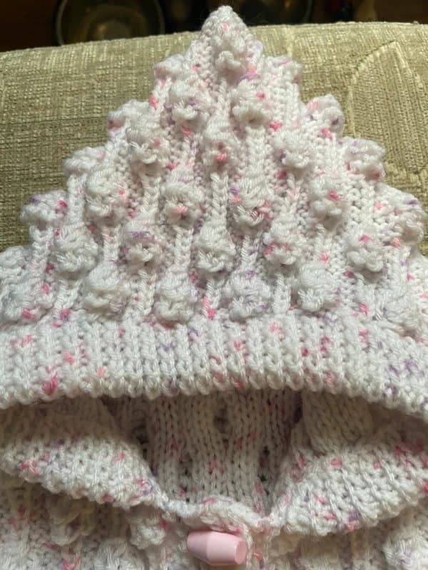 woolcornercrafts Handknitted baby hoody bobble jacket with corded mitts 3-6 months 18” chest