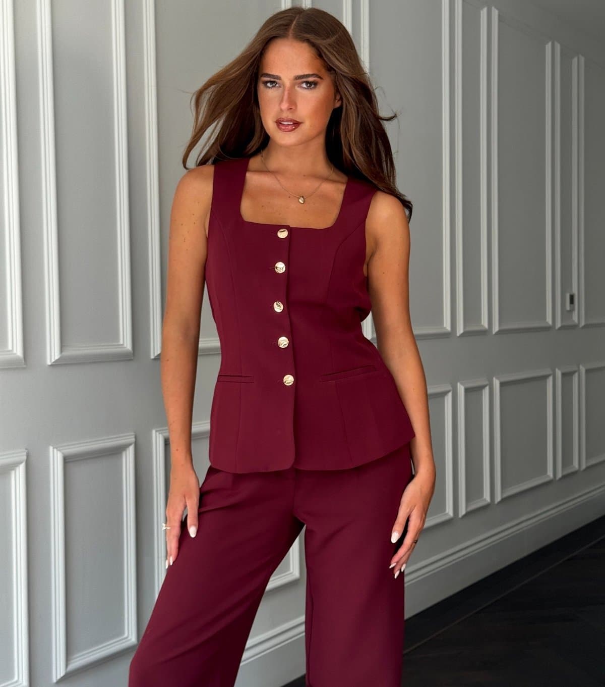 Girl In Mind Women's Dark Burgundy Square Neck Gold Tone Button Up Waistcoat Top Girl in Mind New Look