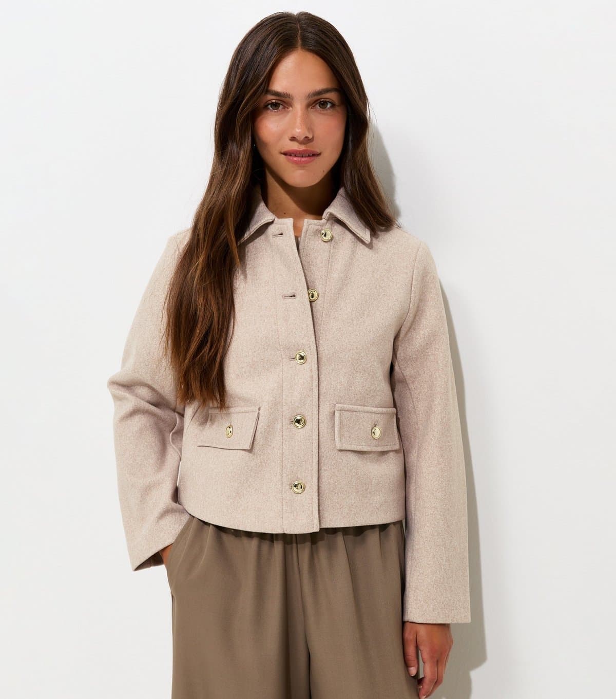 New Look Women's Petite Oatmeal Henley Button Shacket New Look