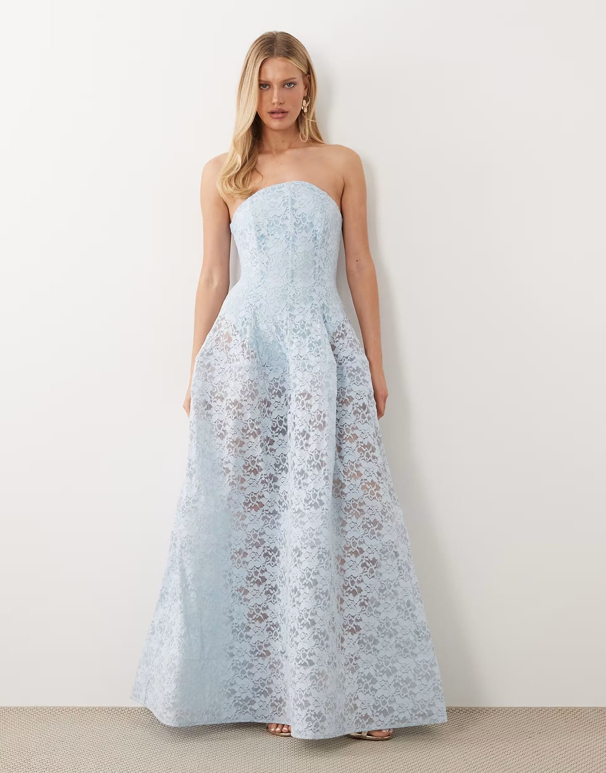 ASOS ASOS DESIGN Premium bandeau lace full skirt midi dress in blue - 1