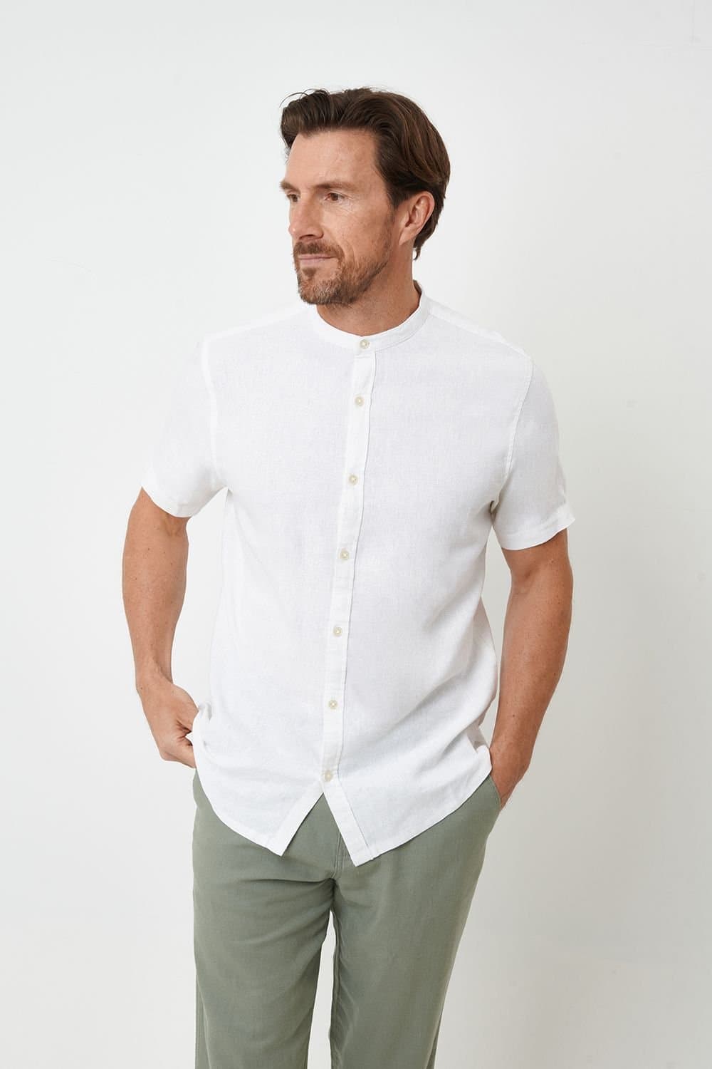 Threadbare Threadbare Men's Grandad Collar Linen Blend Short Sleeve Shirt in White
